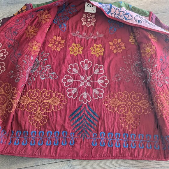 Zara Women's Quilted Patchwork Oversized Embroidered Kimono Jacket Granny M - Picture 12 of 15